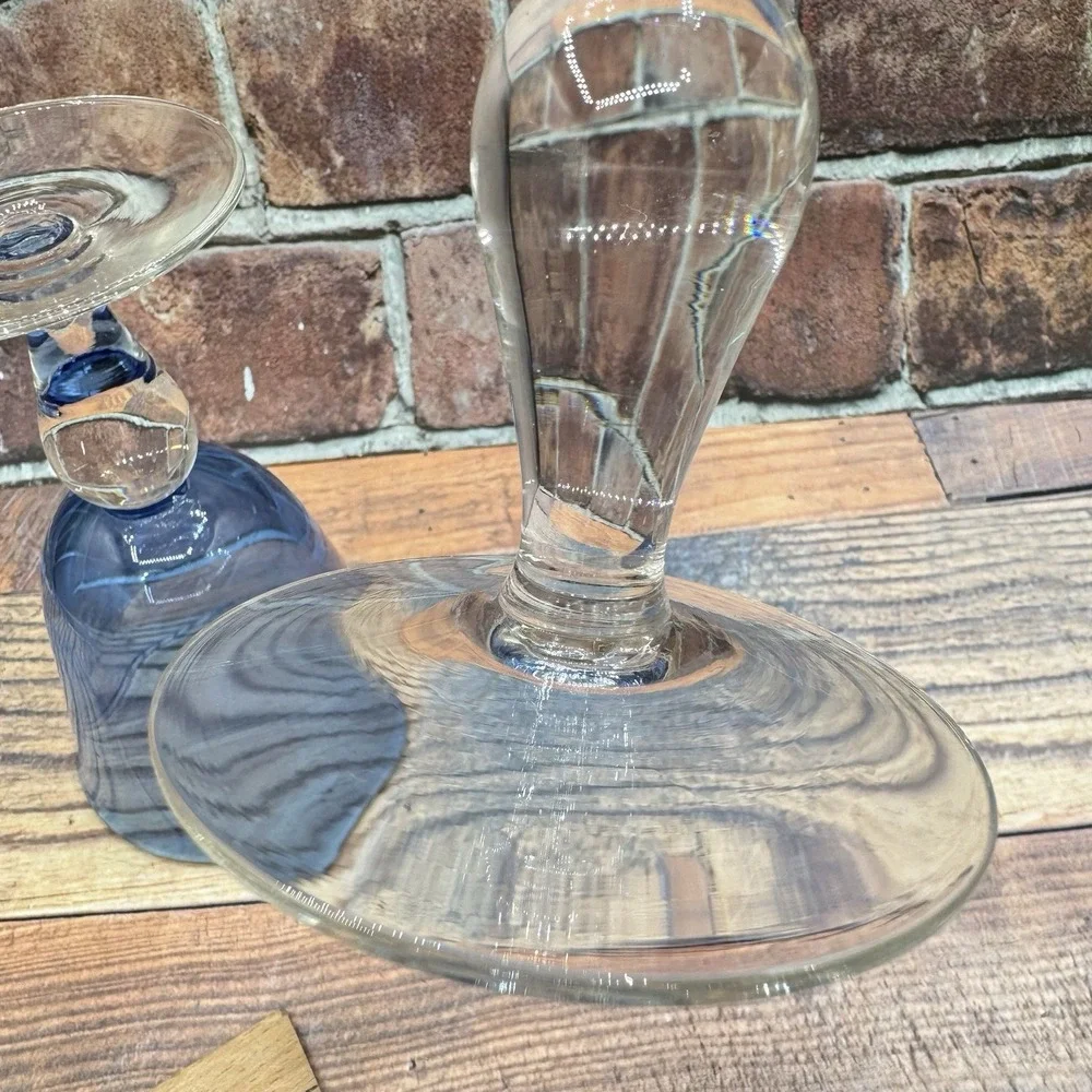 2 Cobalt Blue Goblets Bell Shaped Hand Blown Glasses Clear Ball Stem Vintage MCM